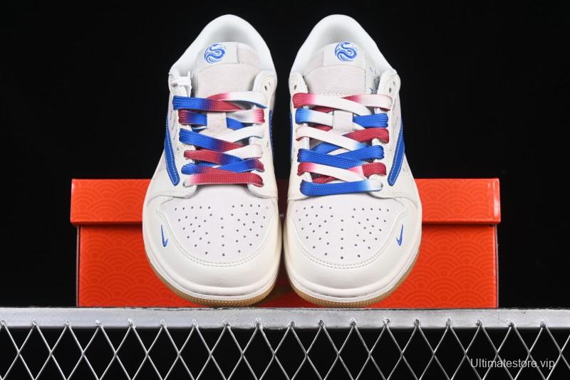 Nike Travis Scott x Fragment Design x Air Jordan 1 Low OG SP AJ1 Snake Year Limited Blue Swoosh Gum Sole Low-top Casual Sneakers - XS3086-011