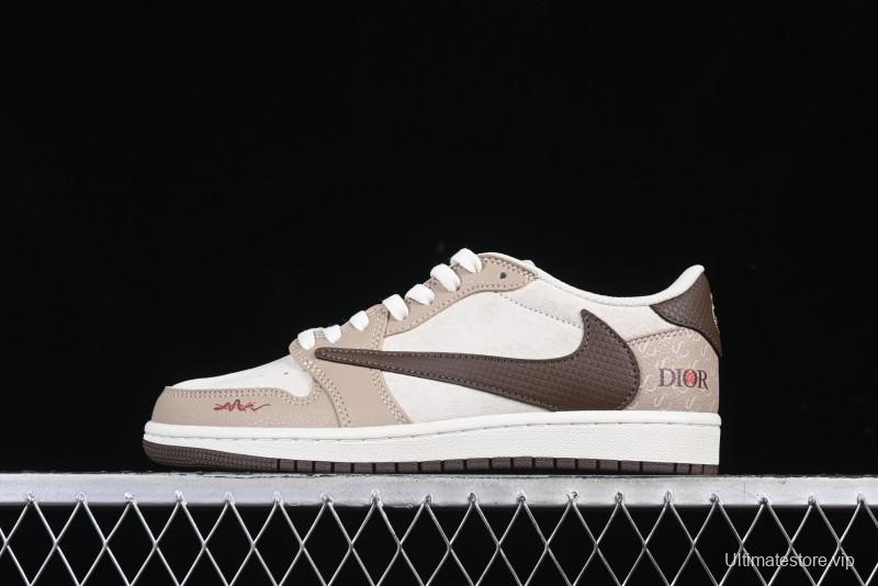 Nike Travis Scott x Fragment Design x Air Jordan 1 Low OG SP AJ1 Snake Year Limited Brown Snake Print Low Top Casual Sneakers - DM7866-074