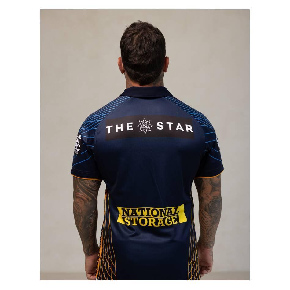 25/26 Brisbane Broncos Maroon with Blue Striped Sleeves and Gold Geometric Jersey