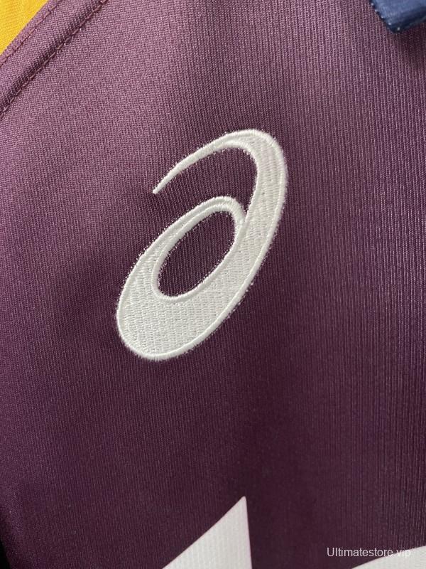 25/26 Brisbane Broncos Maroon with Blue Striped Sleeves and Gold Geometric Jersey