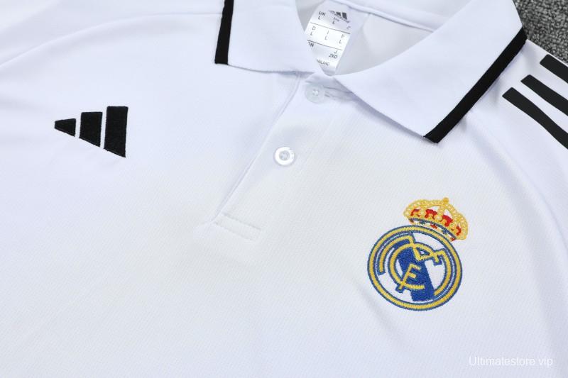 26/27 Real Madrid White Polo Training Shirt + Black Long Pants Tracksuit
