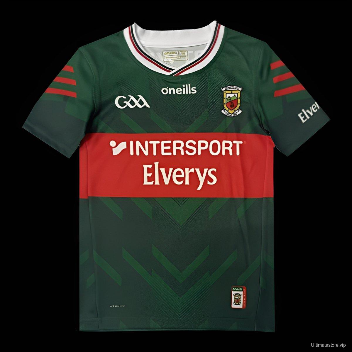 25/26 Kids  Mayo GAA Green and Red with Chevron Pattern Home Jersey