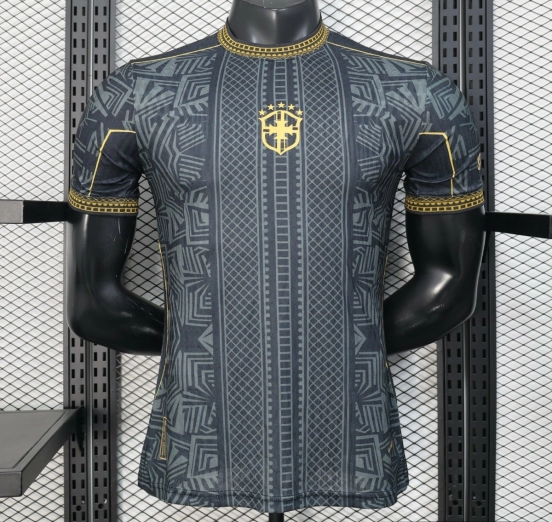 2026 Player Version Brazil Black with Gold Geometric Tribal Pattern Jersey